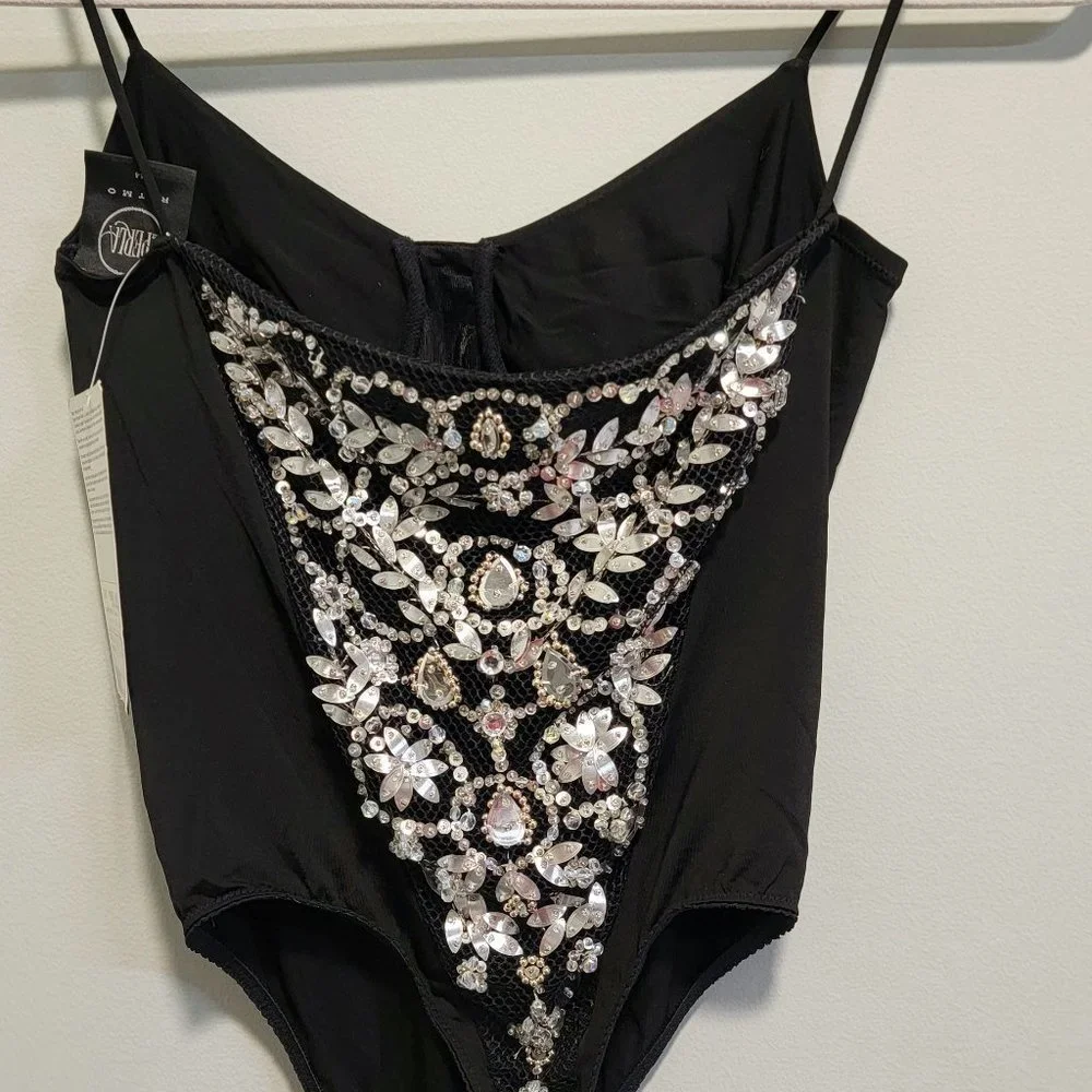 Vintage LA PERLA Ritmo Black Bodysuit w/ Jeweled & Beaded Back   Size 44/8 - Picture 8 of 11